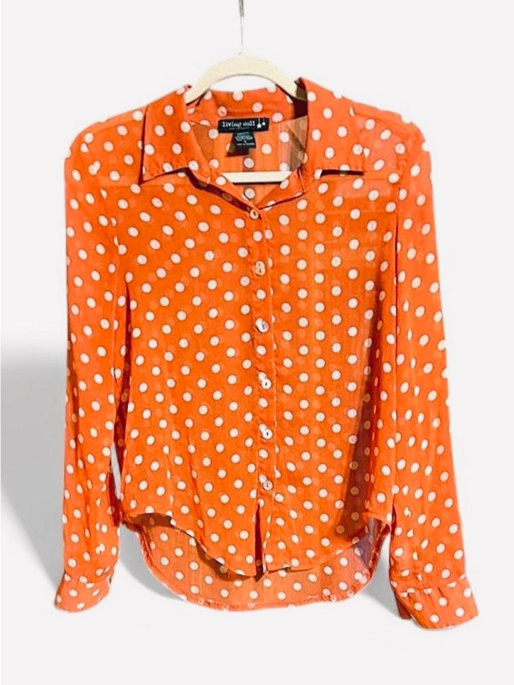 Living Doll Orange Semi Sheer Blouse with White Polka Dots Sz S